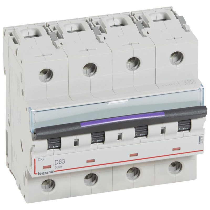 Legrand 410232 - Disjoncteur DX³ 50kA arrivée haute/départ bas vis 4P 63A - courbe D - 6 mod