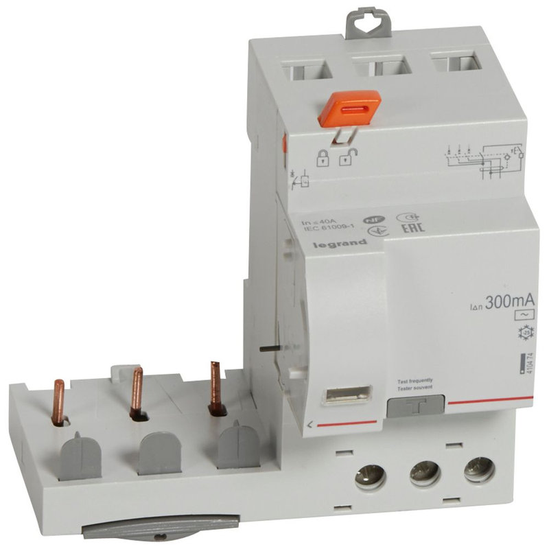 Legrand 410474 - Bloc diff adaptable vis DX³ pour disj. 1 module/pôle - 3P 400V~ 40A typeAC 300mA