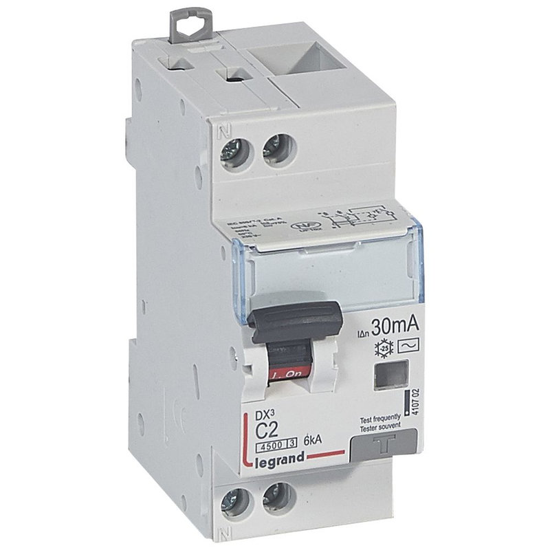 Legrand 410702 - Disjoncteur diff DX³ 4500 -vis/vis -U+N 230V~ 2A - typeAC -30mA -courbe C - 2M