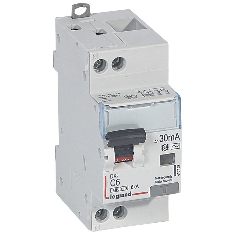 Legrand 410703 - Disjoncteur diff DX³ 4500 -vis/vis -U+N 230V~ 6A - typeAC -30mA -courbe C - 2M