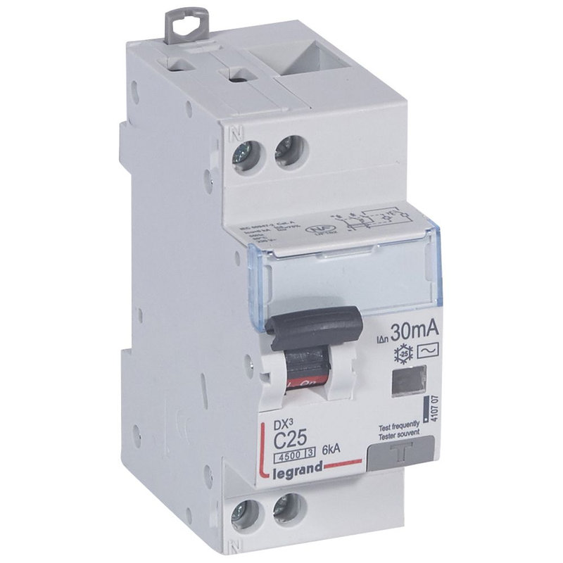 Legrand 410707 - Disjoncteur diff DX³ 4500 - vis/vis -U+N 230V~ 25A - typeAC -30mA -courbe C - 2M