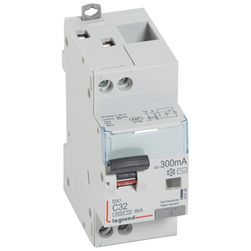 Legrand 410728 - Disjoncteur diff DX³ 4500 - vis/vis -U+N 230V~ 32A -typeAC -300mA -courbe C - 2M