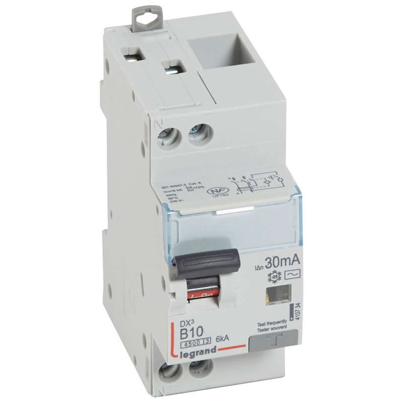 Legrand 410734 - Disjoncteur diff DX³ 4500 -vis/vis- U+N 230V~10A - typeAC -30mA - courbe B - 2 M