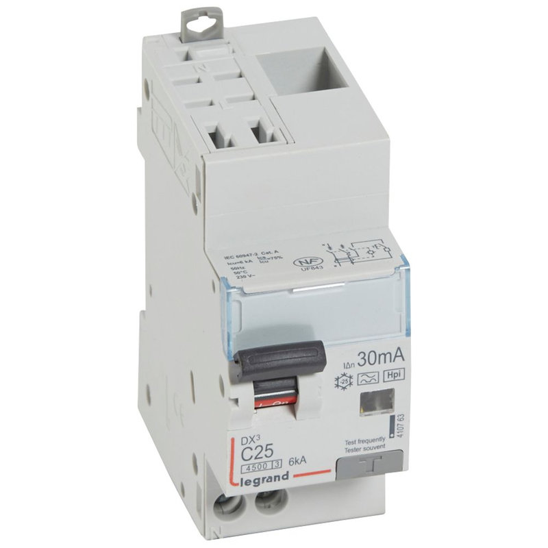 Legrand 410763 - Disjoncteur diff DX³ 4500 -auto/vis- U+N 230V~ 25A- typeF-30mA -courbe C - 2M