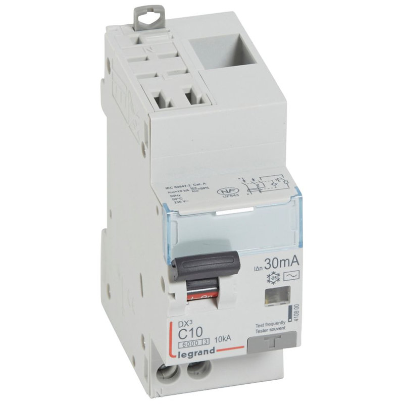 Legrand 410800 - Disjoncteur diff DX³ 6000 -auto/vis-U+N 230V~-10A-typeAC-30mA-courbe C - 2 mod