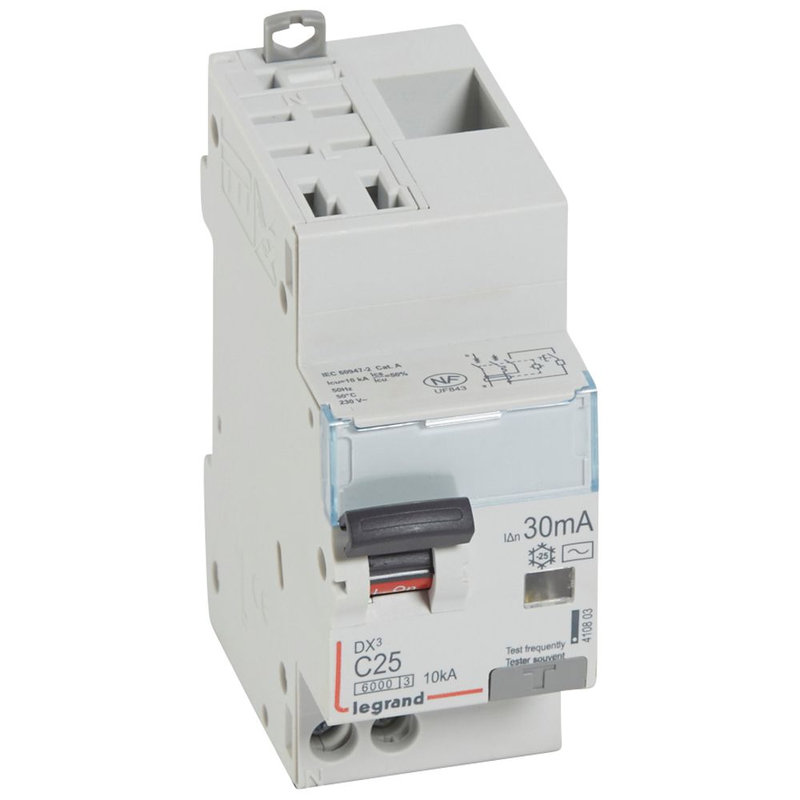 Legrand 410803 - Disjoncteur diff DX³ 6000 -auto/vis-U+N 230V~-25A-typeAC-30mA-courbe C - 2 mod