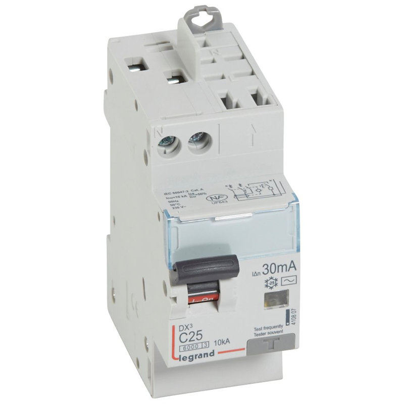 Legrand 410807 - Disjoncteur diff DX³ 6000 -vis/auto-U+N 230V~-25A-typeAC-30mA-courbe C - 2 mod