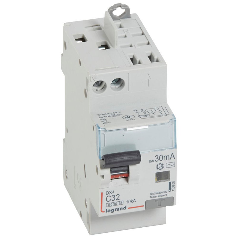 Legrand 410808 - Disjoncteur diff DX³ 6000 -vis/auto-U+N 230V~-32A-typeAC-30mA-courbe C - 2 mod
