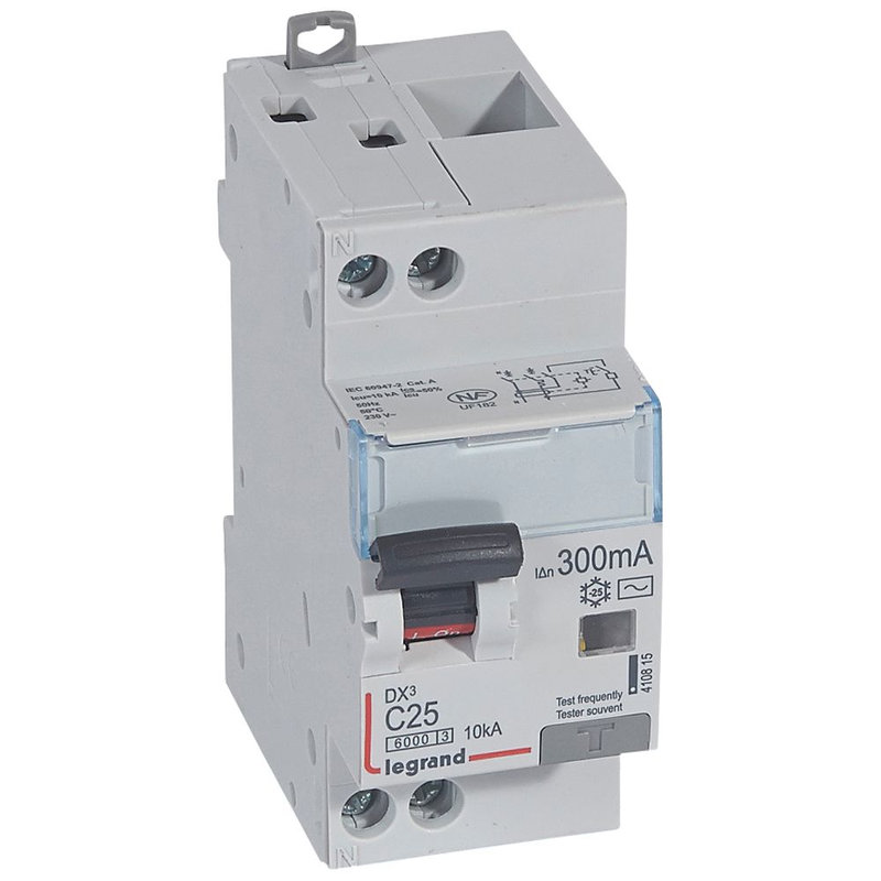 Legrand 410815 - Disj diff monobloc DX³6000 10kA arrivée haut/départ bas vis U+N 25A typeAC 300mA