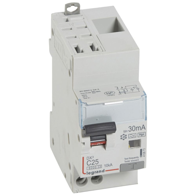 Legrand 410873 - Disjoncteur diff DX³ 6000 -auto/vis-U+N 230V~-25A -typeF-30mA-courbe C - 2M