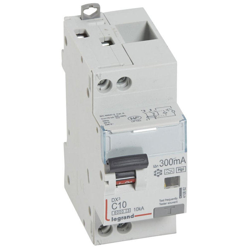 Legrand 410882 - Disj dif monobloc DX³6000 10kA arrivée haute/départ bas vis U+N 10A typeF 300mA