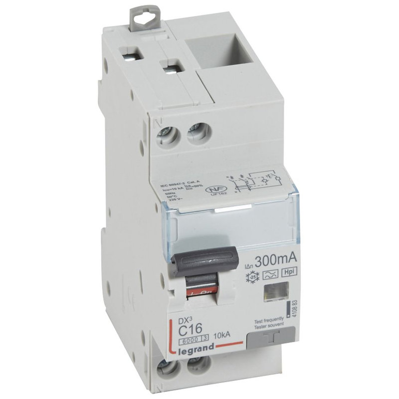 Legrand 410883 - Disj diff monobloc DX³6000 10kA arrivée haut/départ bas vis U+N 16A typeF 300mA