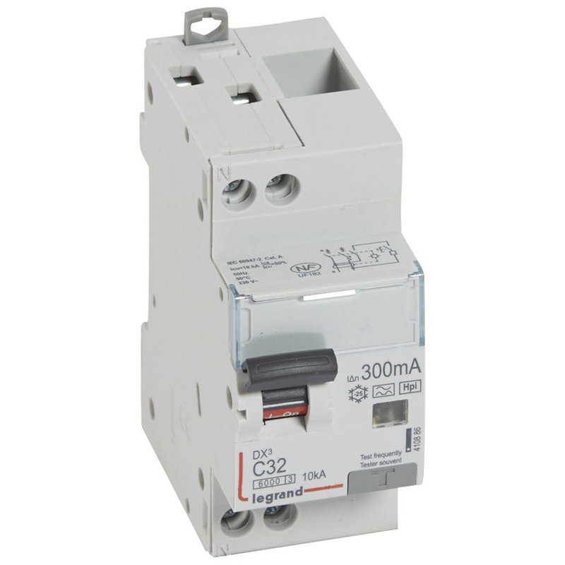 Legrand 410886 - Disj dif monobloc DX³6000 10kA arrivée haute/départ bas vis U+N 32A typeF 300mA