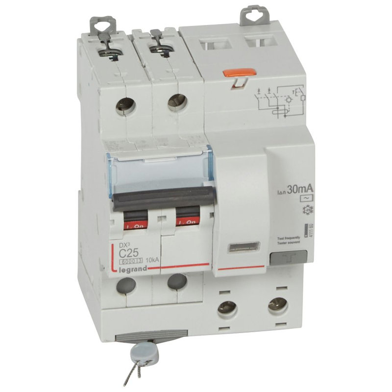 Legrand 411160 - Disjoncteur diff DX³ 6000 -vis-2P-230/400V~-25A -typeAC -30mA- courbe C - 4 mod