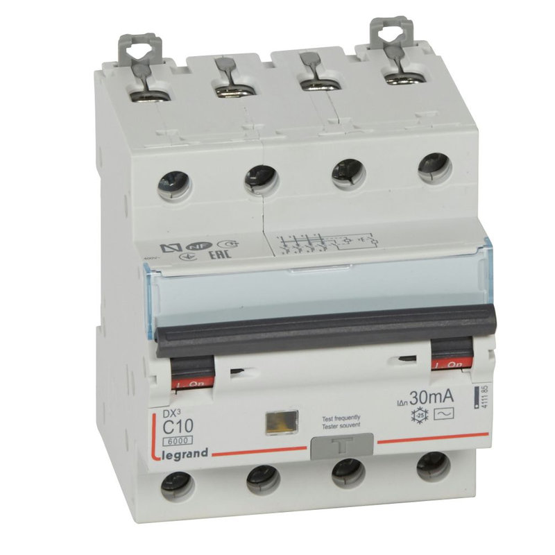 Legrand 411185 - Disj. diff monobloc DX³6000 10kA arrivée haut/départ bas vis 4P 10A typeAC 30mA