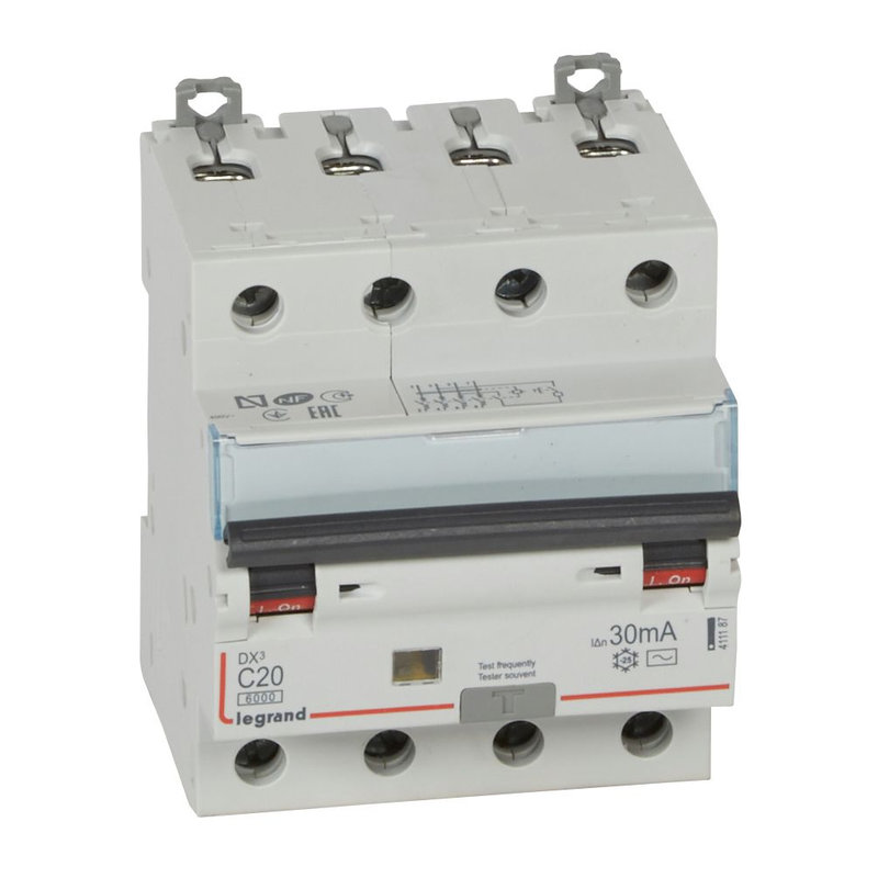 Legrand 411187 - Disj. diff monobloc DX³6000 10kA arrivée haut/départ bas vis 4P 20A typeAC 30mA