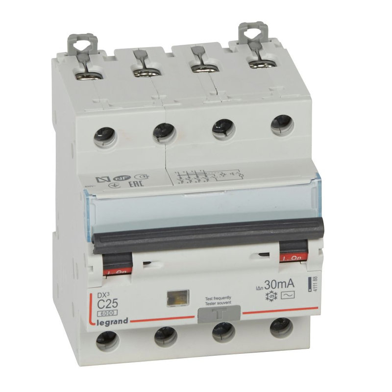 Legrand 411188 - Disj. diff monobloc DX³6000 10kA arrivée haut/départ bas vis 4P 25A typeAC 30mA