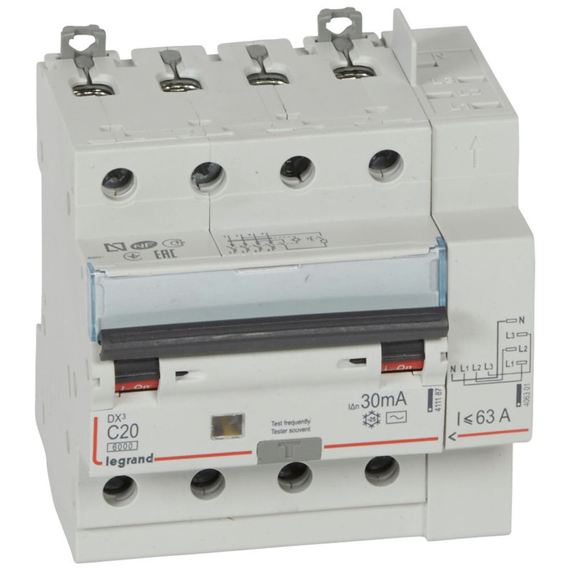 Legrand 411198 - Disjoncteur diff DX³ 6000 -vis/auto-4P-400V~-20A-typeAC-30mA-10kA-courbe C - 5M