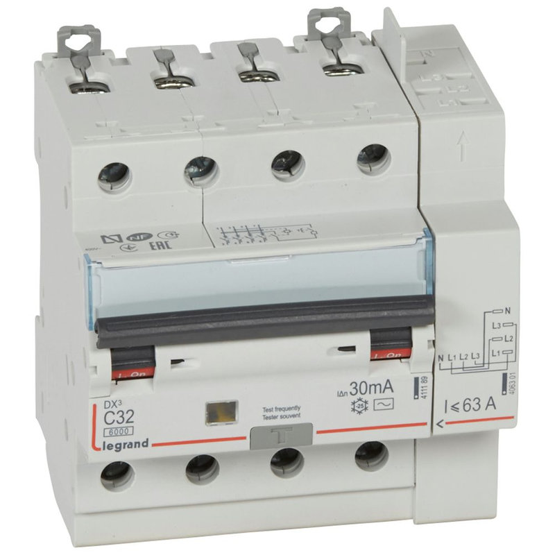 Legrand 411200 - Disjoncteur diff DX³ 6000 -vis/auto-4P-400V~-32A-typeAC-30mA-10kA-courbe C - 5M