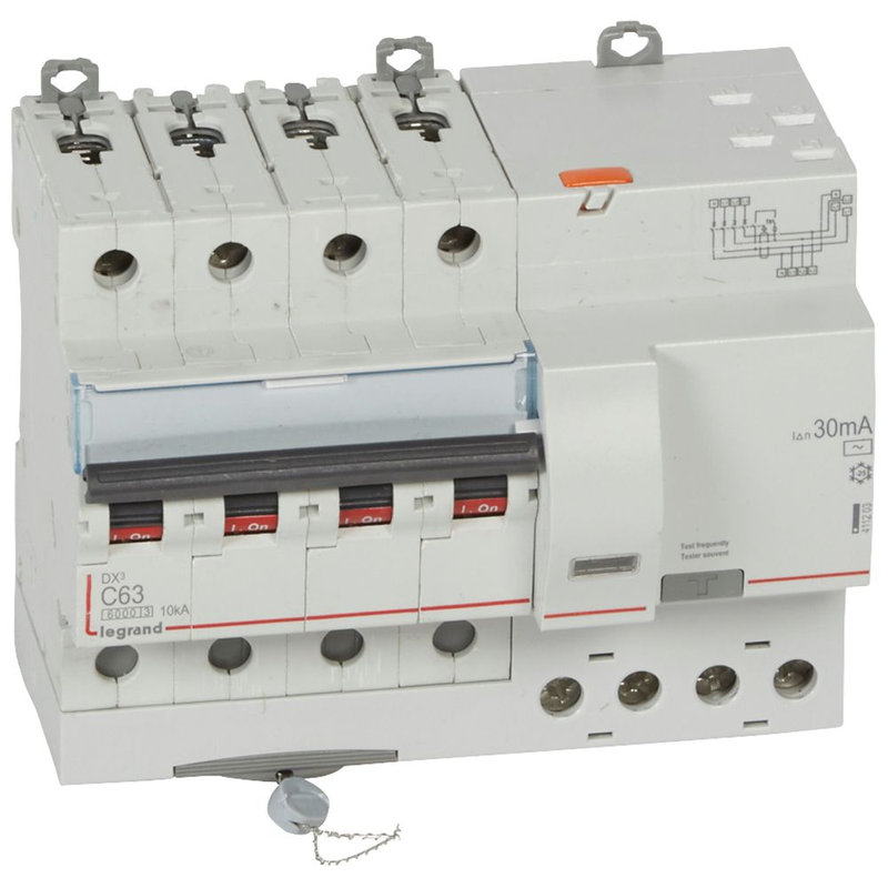 Legrand 411203 - Disjoncteur diff DX³ 6000 -vis/auto-4P-400V~-63A-typeAC-30mA-10kA-courbe C - 7M
