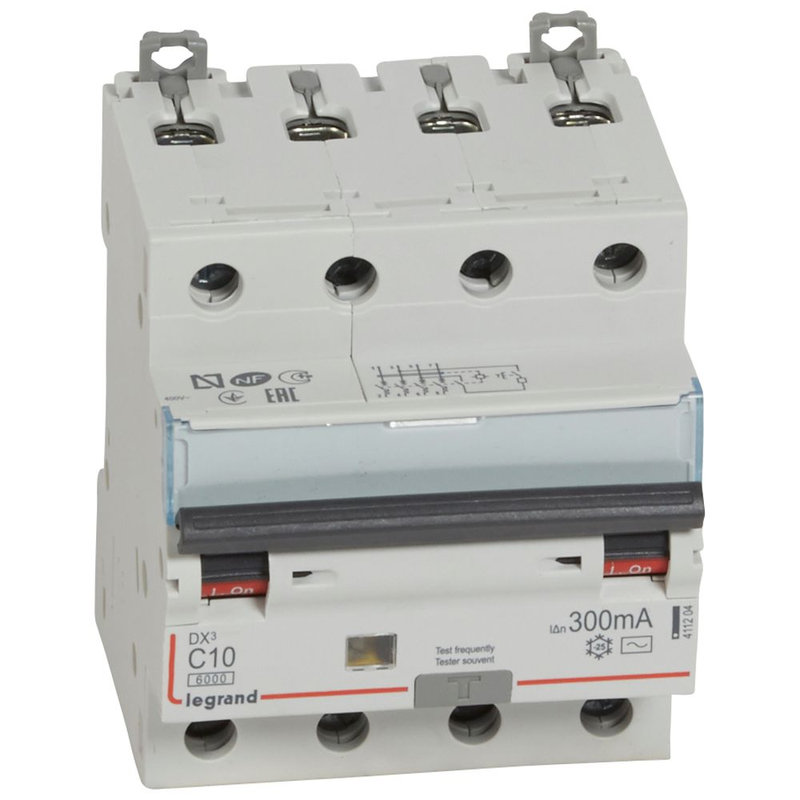 Legrand 411204 - Disj diff monobloc DX³6000 10kA arrivée haut/départ bas vis 4P 10A typeAC 300mA
