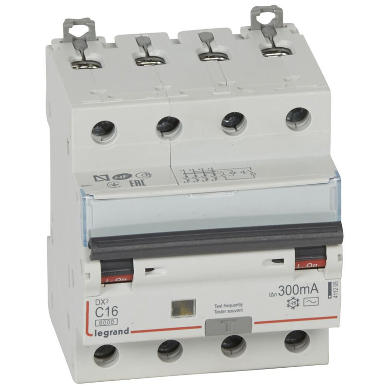 Legrand 411205 - Disj diff monobloc DX³6000 10kA arrivée haut/départ bas vis 4P 16A typeAC 300mA