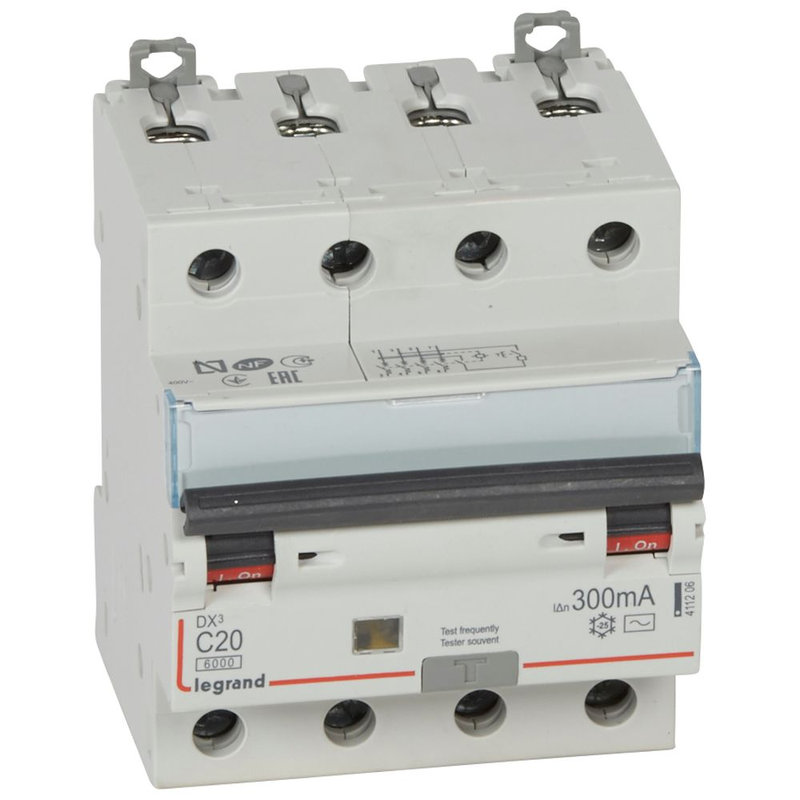 Legrand 411206 - Disj diff monobloc DX³6000 10kA arrivée haut/départ bas vis 4P 20A typeAC 300mA