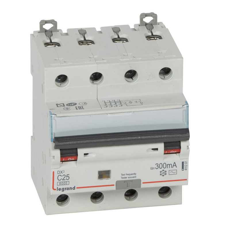 Legrand 411207 - Disj diff monobloc DX³6000 10kA arrivée haut/départ bas vis 4P 25A typeAC 300mA