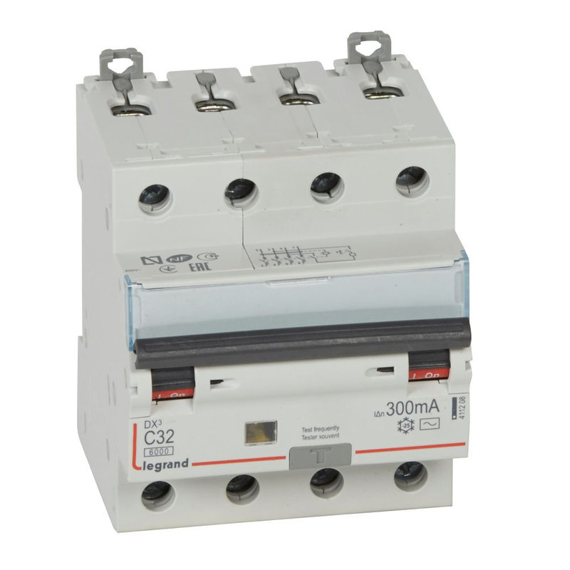 Legrand 411208 - Disj diff monobloc DX³6000 10kA arrivée haut/départ bas vis 4P 32A typeAC 300mA