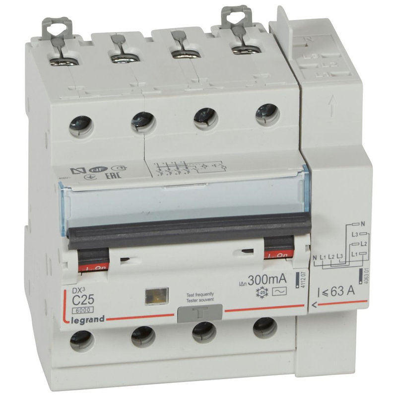 Legrand 411218 - Disjoncteur diff DX³ 6000 -vis/auto-4P-400V~-25A-typeAC-300mA-10kA-courbe C - 5M