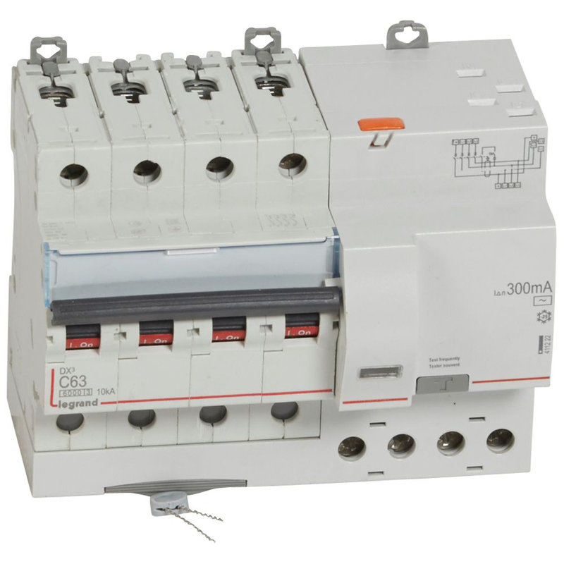 Legrand 411222 - Disjoncteur diff DX³ 6000 -vis/auto-4P-400V~-63A-typeAC-300mA-10kA-courbe C - 7M