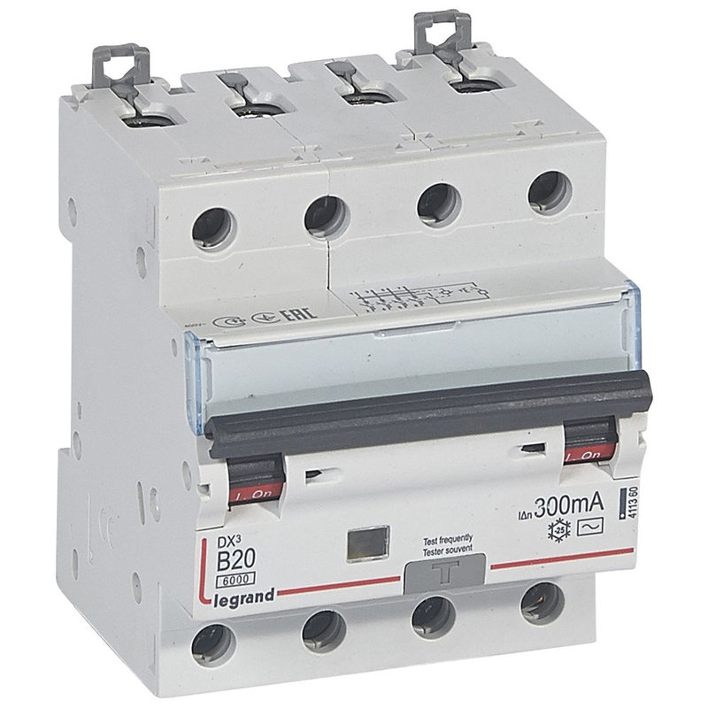 Legrand 411360 - Disjoncteur diff DX³ 6000 -vis- 4P 400V~ -20 A - typeAC 300mA - courbe B - 4M