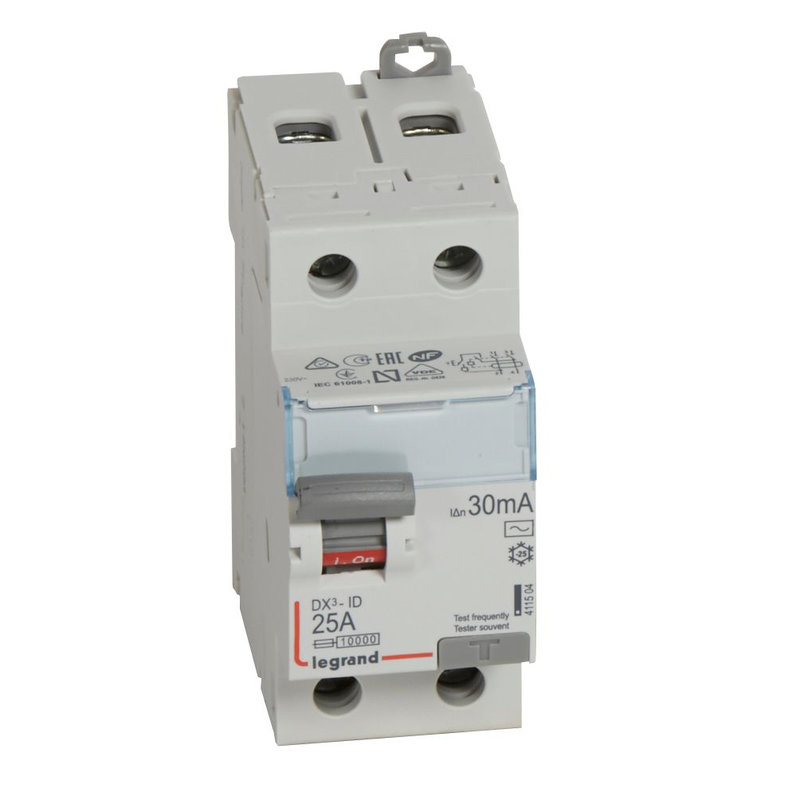 Legrand 411504 - Interrupteur différentiel DX³-ID haut/bas vis - 2P 230V~ 25A typeAC 30mA - 2 mod