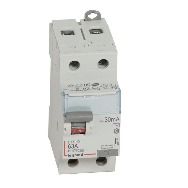 Legrand 411506 - Interrupteur différentiel DX³-ID haut/bas vis - 2P 230V~ 63A typeAC 30mA - 2 mod