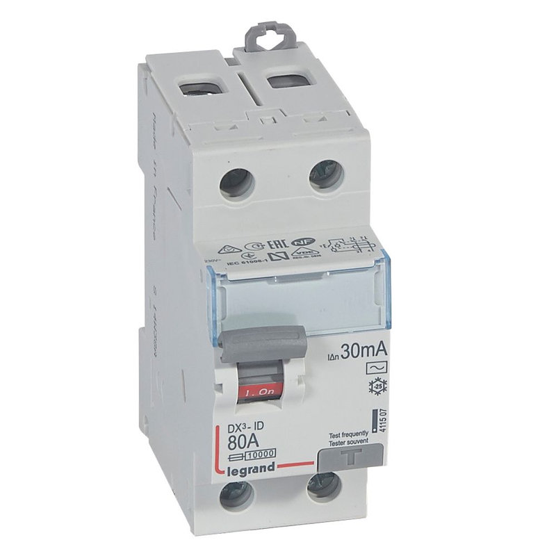 Legrand 411507 - Interrupteur différentiel DX³-ID haut/bas vis - 2P 230V~ 80A typeAC 30mA - 2 mod