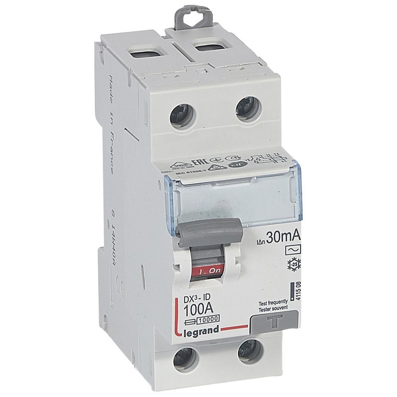 Legrand 411508 - Interrupteur différentiel DX³-ID haut/bas vis - 2P 230V~ 100A typeAC 30mA -2 mod
