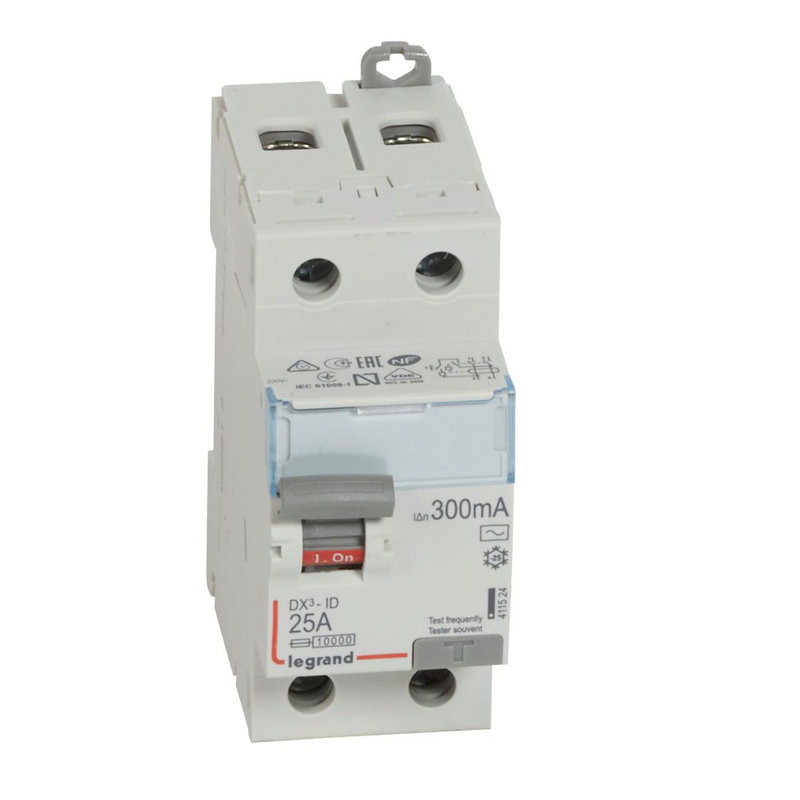 Legrand 411524 - Interrupteur différentiel DX³-ID haut/bas vis - 2P 230V~ 25A typeAC 300mA -2 mod
