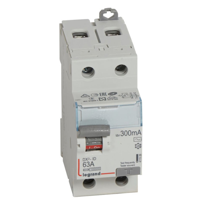 Legrand 411526 - Interrupteur différentiel DX³-ID haut/bas vis - 2P 230V~ 63A typeAC 300mA -2 mod