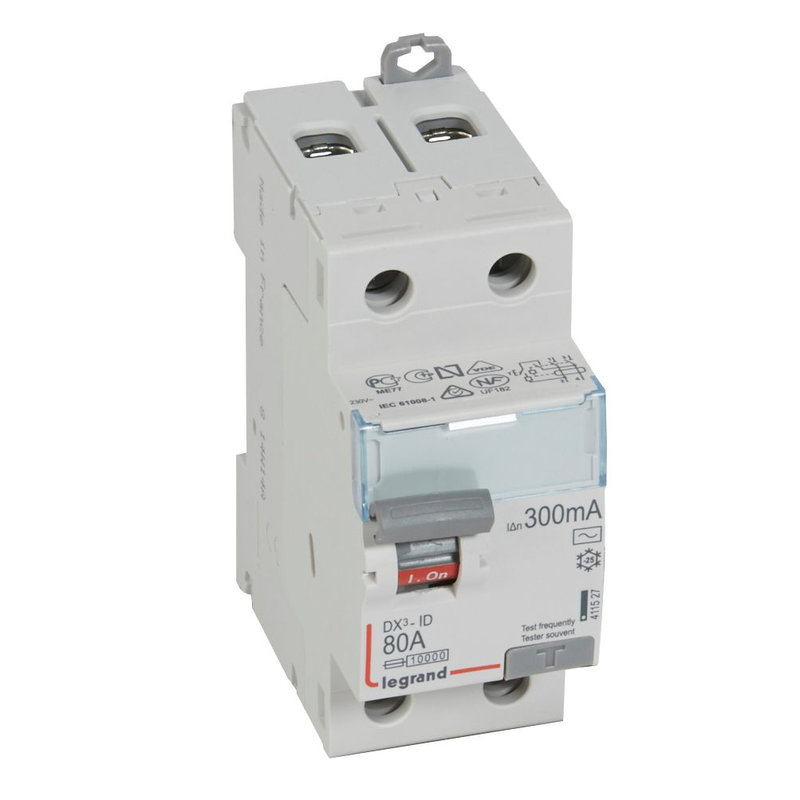 Legrand 411527 - Interrupteur différentiel DX³-ID haut/bas vis - 2P 230V~ 80A typeAC 300mA -2 mod