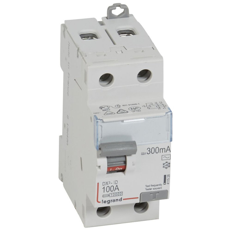 Legrand 411528 - Interrupteur différentiel DX³-ID haut/bas vis - 2P 230V~ 100A AC 300mA -2 mod