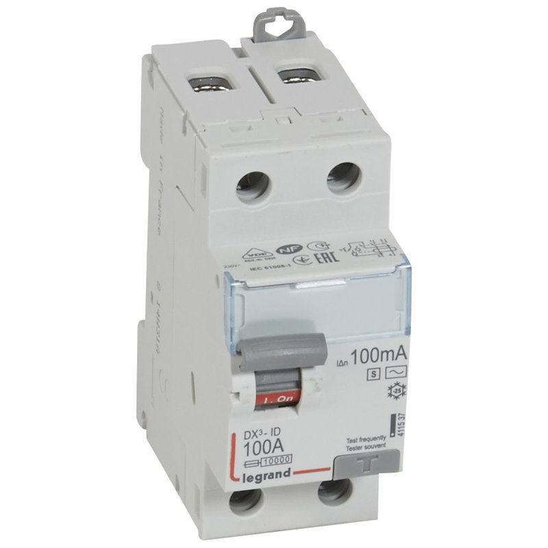 Legrand 411537 - Interrupteur différentiel DX³-ID haut/bas vis - 2P 230V~ 100A AC 100mA s - 2 mod