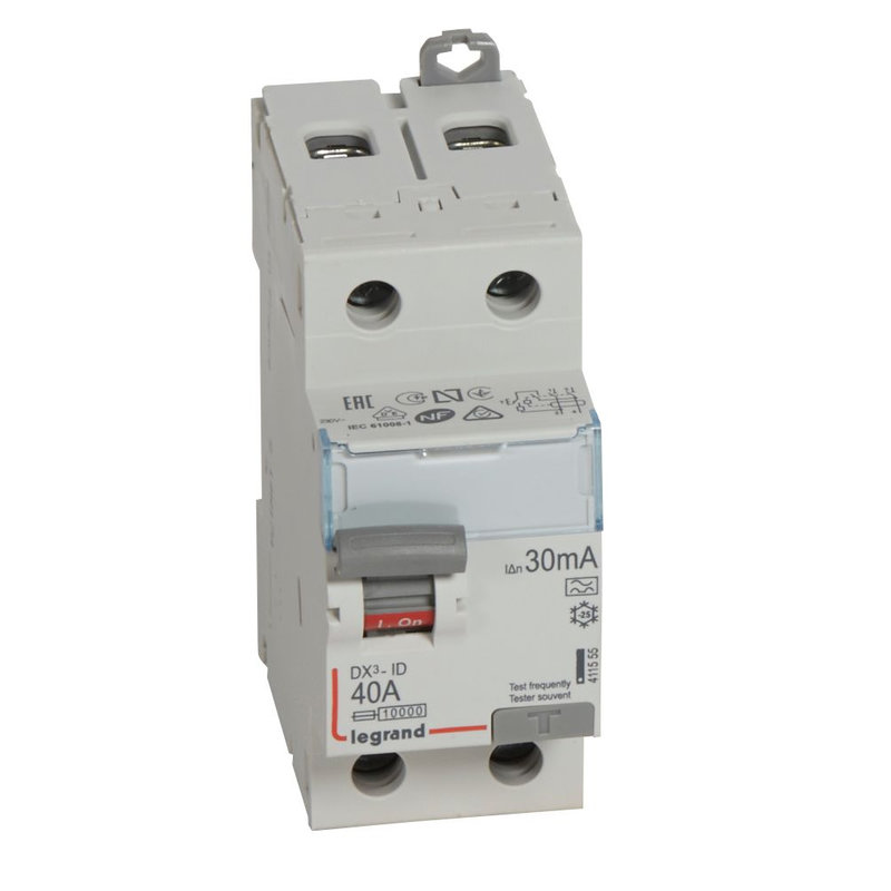 Legrand 411555 - Interrupteur différentiel DX³-ID haut/bas vis - 2P 230V~ 40A typeA 30mA - 2 mod