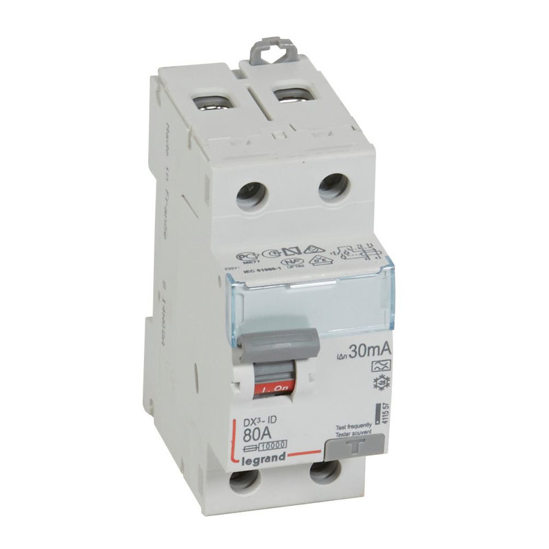 Legrand 411557 - Interrupteur différentiel DX³-ID haut/bas vis - 2P 230V~ 80A typeA 30mA - 2 mod