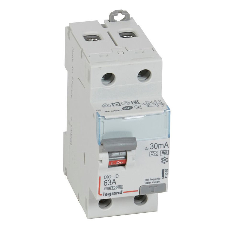 Legrand 411592 - Interrupteur différentiel DX³-ID haut/bas vis - 2P 230V~ 63A typeF 30mA - 2 mod