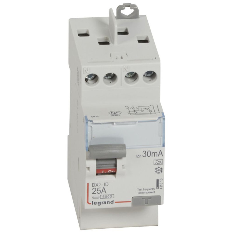 Legrand 411616 - Interrupteur différentiel DX³-ID haut/haut vis - 2P 230V~ 25A typeA 30mA - 2 mod