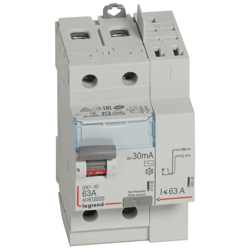 Legrand 411633 - Interrupteur différentiel DX³-ID haut vis/haut auto 2P 230V~ 63A AC 30mA - 3 mod