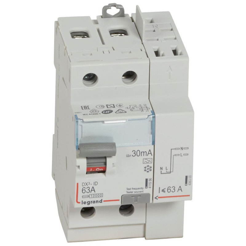 Legrand 411639 - Interrupteur différentiel DX³-ID haut vis/haut auto 2P 230V~ 63A A 30mA - 3 mod