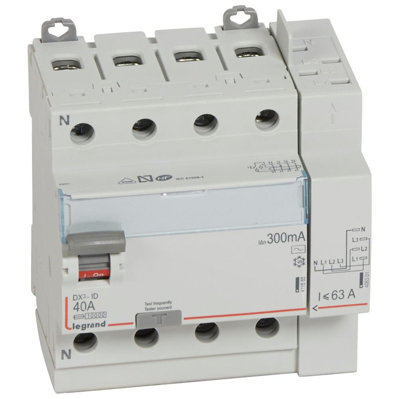 Legrand 411654 - Interrupteur différentiel DX³-ID haut vis/haut auto 4P 400V~ 40A AC 300mA -5 mod