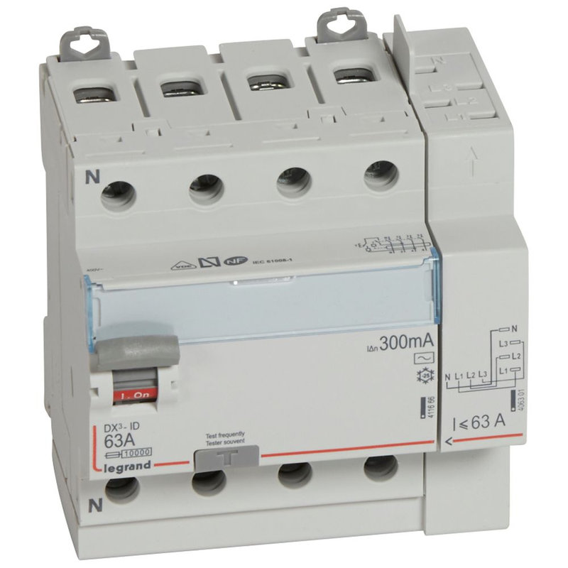 Legrand 411655 - Interrupteur différentiel DX³-ID haut vis/haut auto 4P 400V~ 63A AC 300mA -5 mod