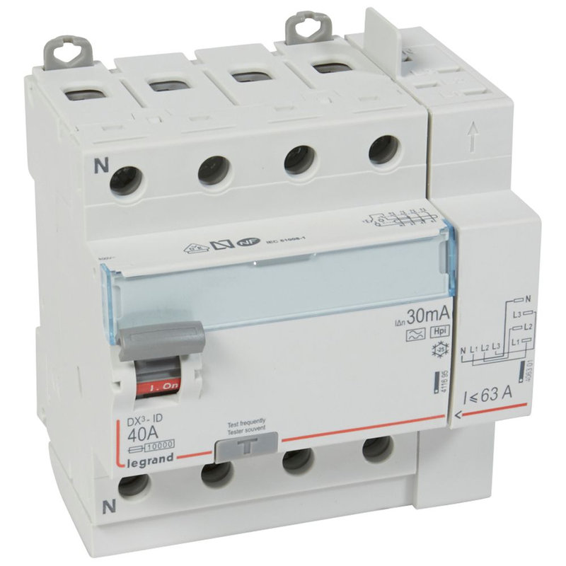 Legrand 411658 - Interrupteur différentiel DX³-ID haut vis/haut auto 4P 400V~ 40A F 30mA - 5 mod